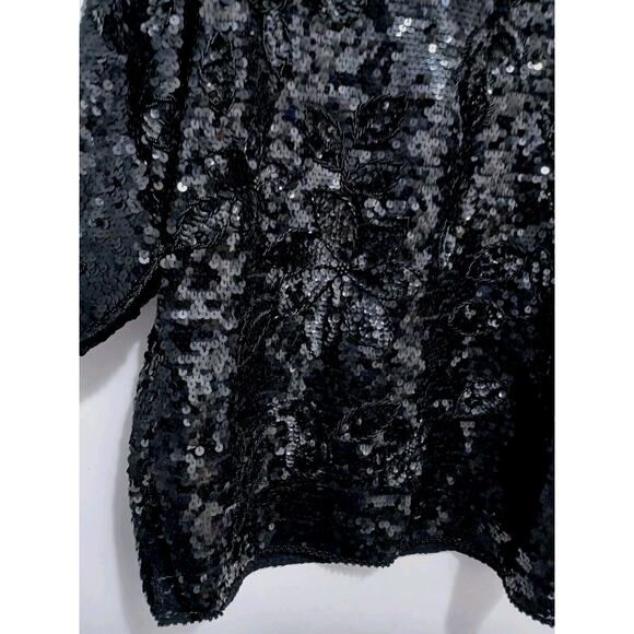 Exotic Formal Beaded Sequin Top L Black Short Sleeve NY Party Christmas Holiday - Picture 14 of 17
